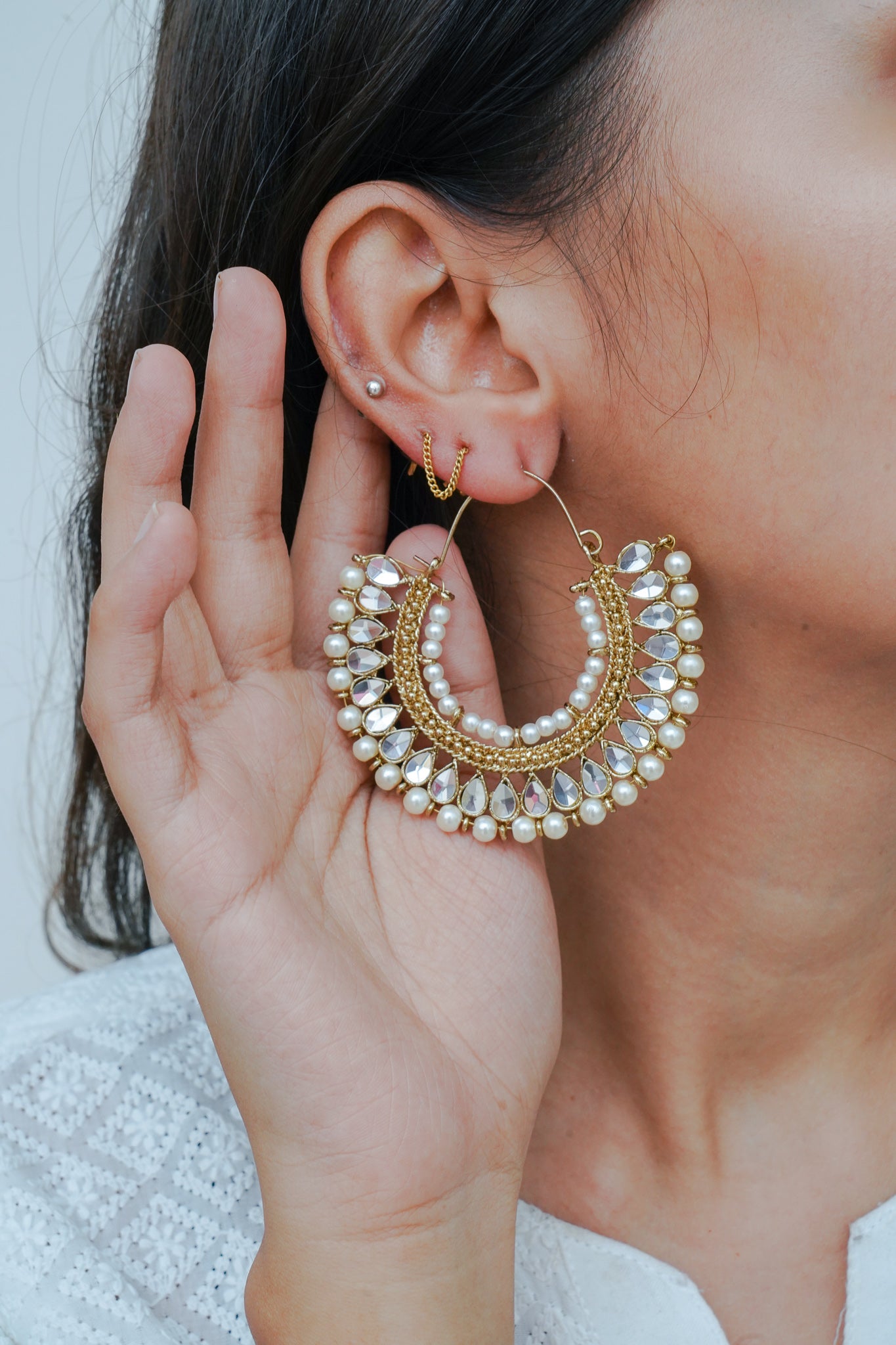 Earrings & Studs | White Gold Pearl Kundan Chandbali Earrings | Freeup